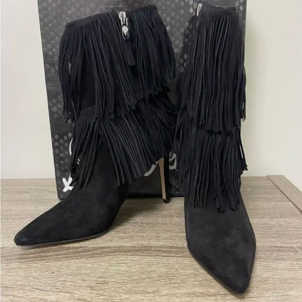 Sam Edelman Black Fringe Heeled Boots